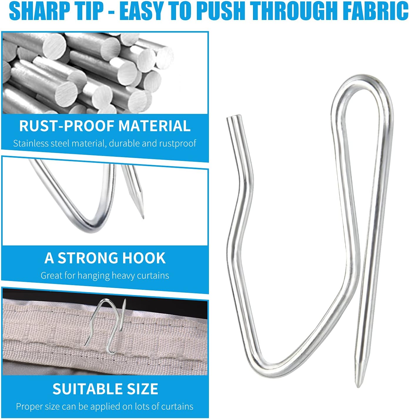 1.2 Inches Curtain Hooks, Sopito 58pcs Metal Drapery Pin and Hook for Door Window Shower Curtain, Silver White