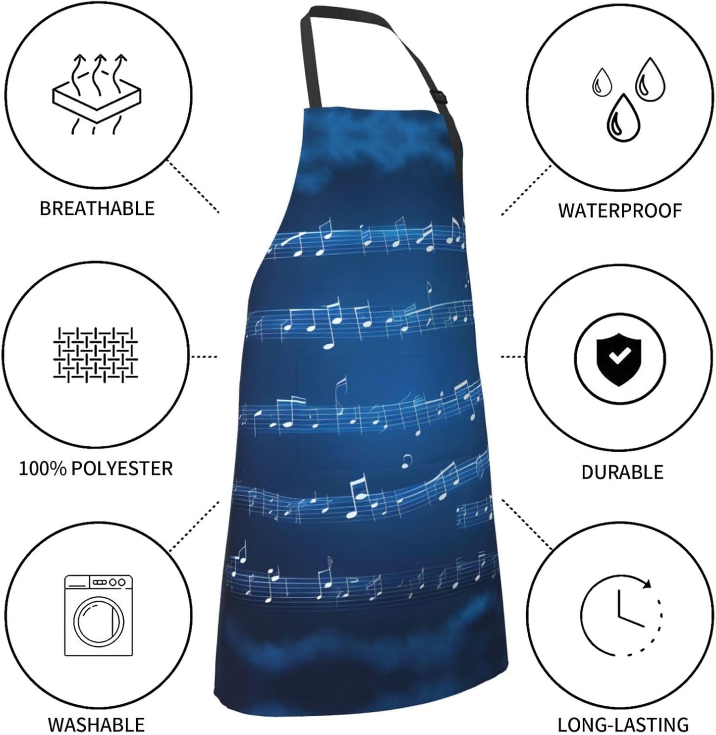 Blue Musical Notes Print Laundry apron 28x33 In Waterproof Kitchen Apron with Pockets for Cooking Baking