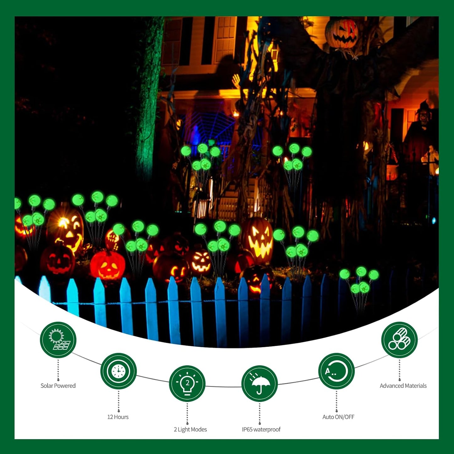 Solar Halloween Lights，2 Pack Outdoor Halloween Decorations Lights, 12LED Green Eyeball Swaying Lamps for Garden Decor, Yard, Lawn, Party Decorations