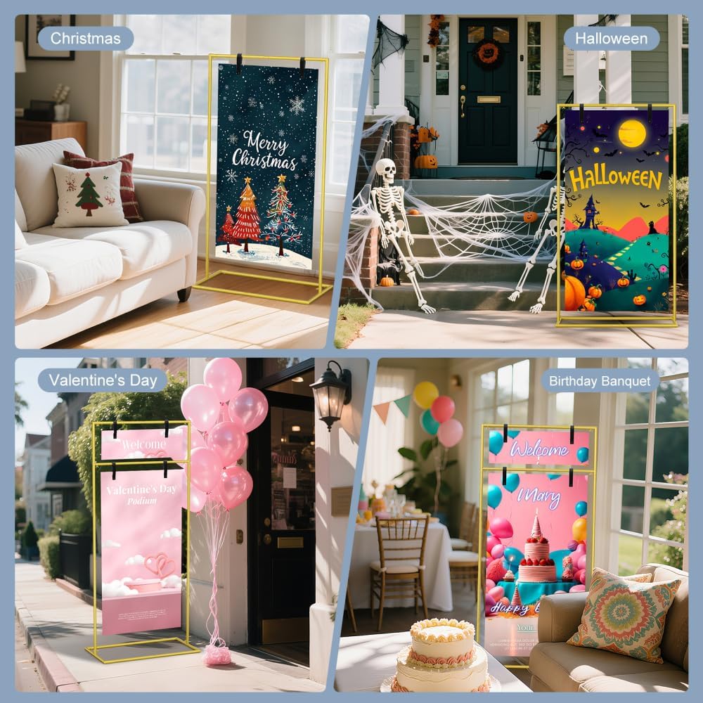 Gold Wedding Welcome Sign Stand 79"x32"x16" - Heavy Duty Metal Easel Display Holder with 2 Pairs of Leather Straps & Satin Ribbon for Wedding, Bridal Shower, Birthday Party, Baby Shower or Any Event