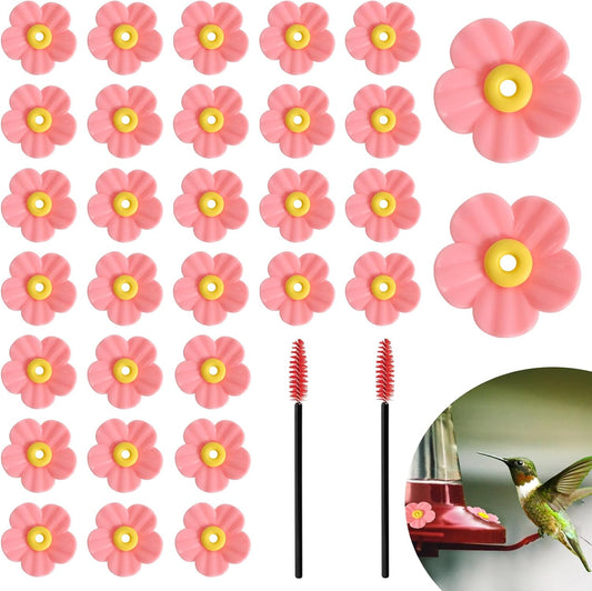 30 Pieces Hummingbird Feeders Replacement Flowers and 2 Cleaning Brushes, Feeding Ports Replacement Bird Feeder Replacement Parts for Hanging Feeding Hummingbird Outdoors(Pink)