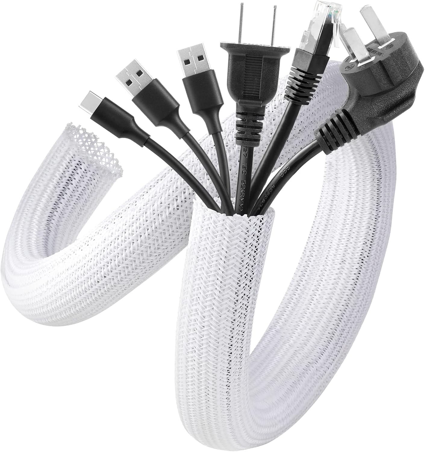 AGPTEK White Cable Sleeve Cover, 2 Pack 5ft - 1.2 inch Desk Cord Organizer Cable Hider, Home Office Wire Management Computer TV Wire Loom Tubing, Pet Proof Cord Protector, from Cat Dog Chewing, White