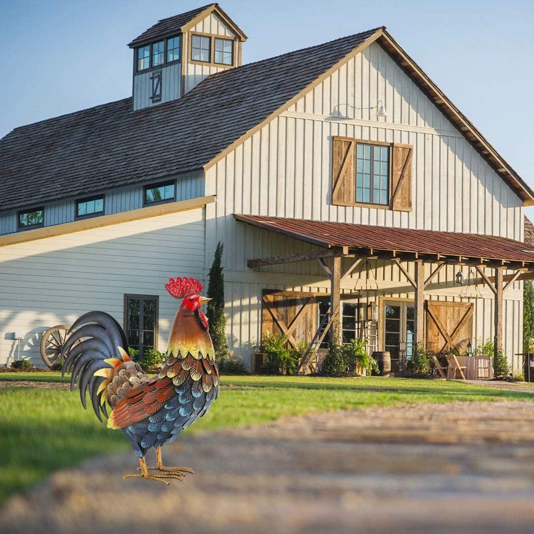 chisheen Rooster Decor Garden Statue Metal Chicken Yard Art Sculpture Outdoor Figurines