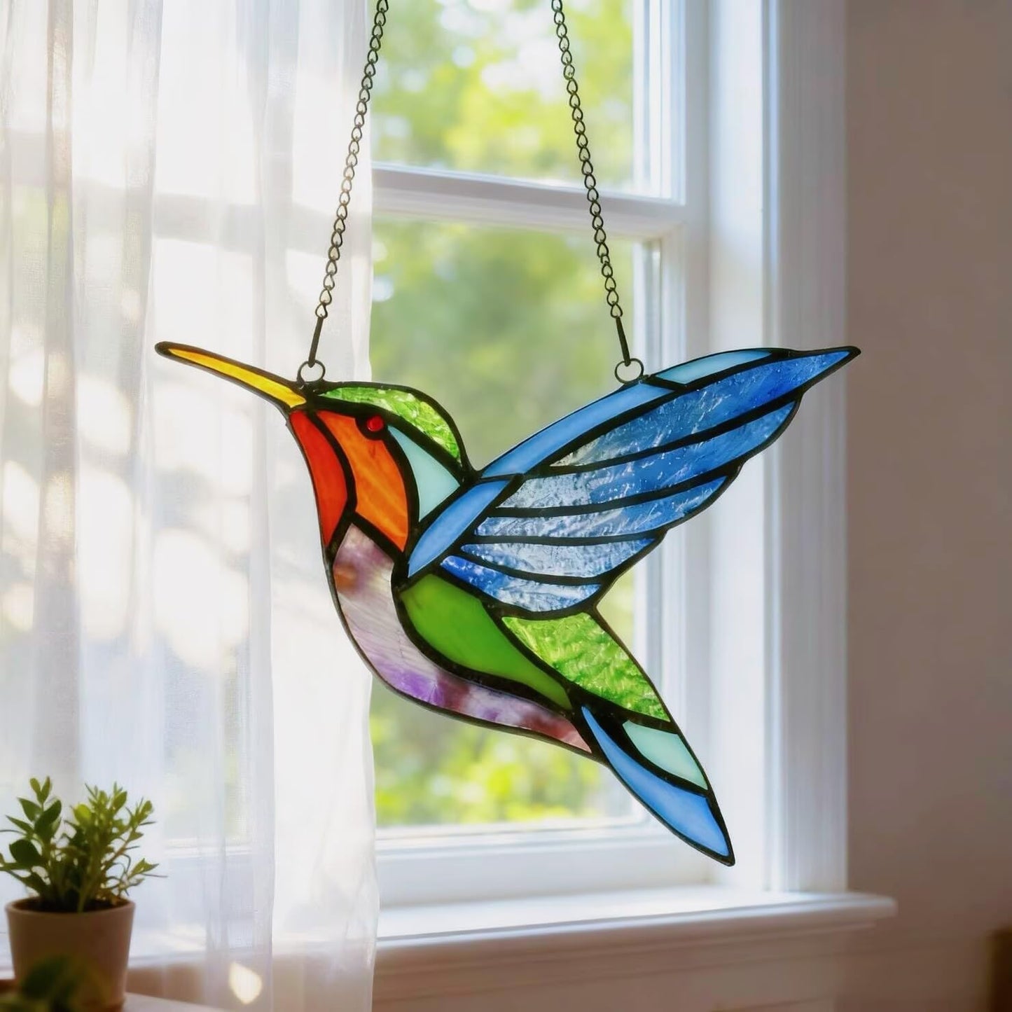 Handcrafted Stained Glass Hummingbird Tiffany Style Stained Glass Window Panels Sun Catcher Bird