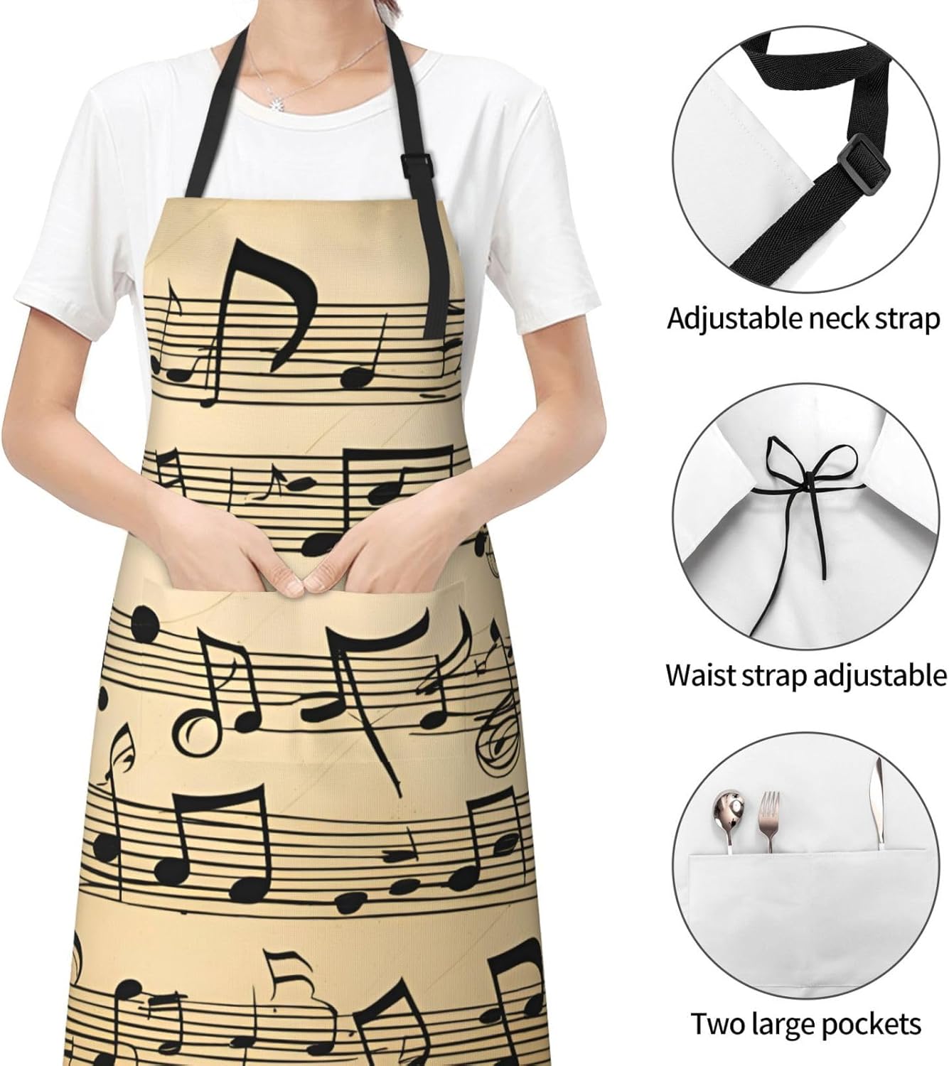 YANYU Musical Notes Print 28x33 In Kitchen Apron Stylish Chef Apron with Pockets for Cooking Baking Painting