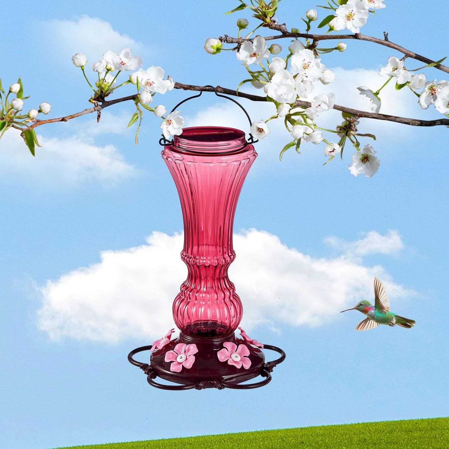 2 Pack Hummingbird Feeder for Outdoors Plastic Bee Proof Humming Bird Nectar Feeders with 5 Flower Feeding Ports Hanging for Outsides Garden Decor, 20 oz