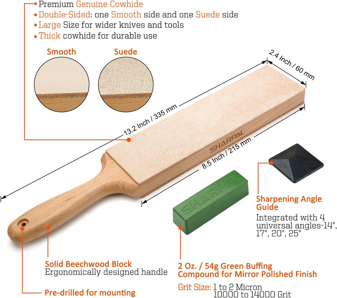 SHARPAL 205H Double-sided Leather Strop (Genuine Cowhide) 13.2" x 2.4" Kit with 2 Oz. Polishing Compound & Angle Guide, Knife Stropping Block for Sharpening & Honing Knives tools, Woodcarving Chisels