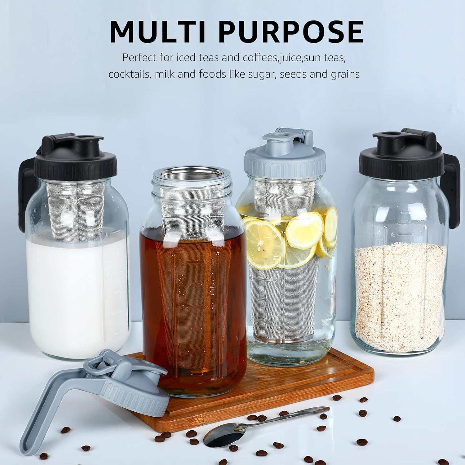 Cold Brew Mason Coffee Maker - 64oz Iced Coffee Pitcher with Stainless