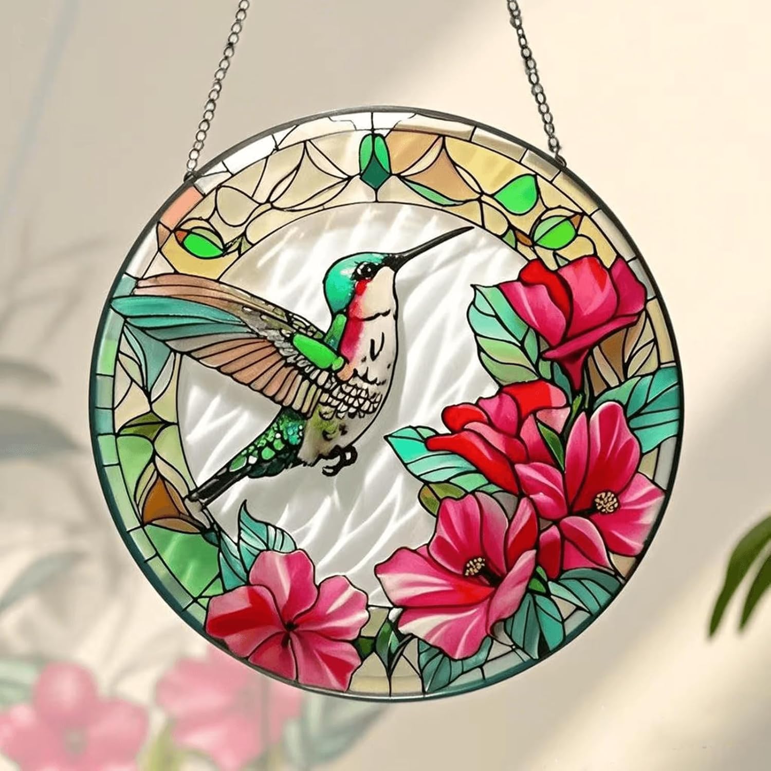 Handmade Stained Glass Hummingbird Suncatcher, 8 inch Real Glass Windo