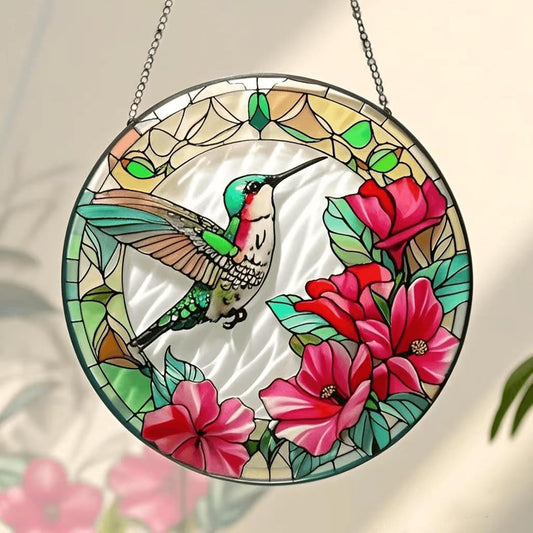 Handmade Stained Glass Hummingbird Suncatcher, 8 inch Real Glass Windo