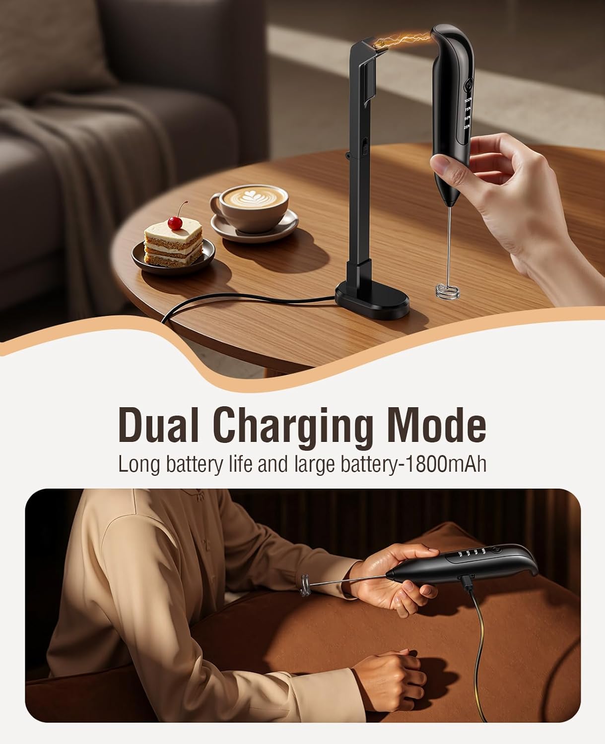 Electric Milk Frother Handheld: coffee frother rechargeable 3 in 1 - L