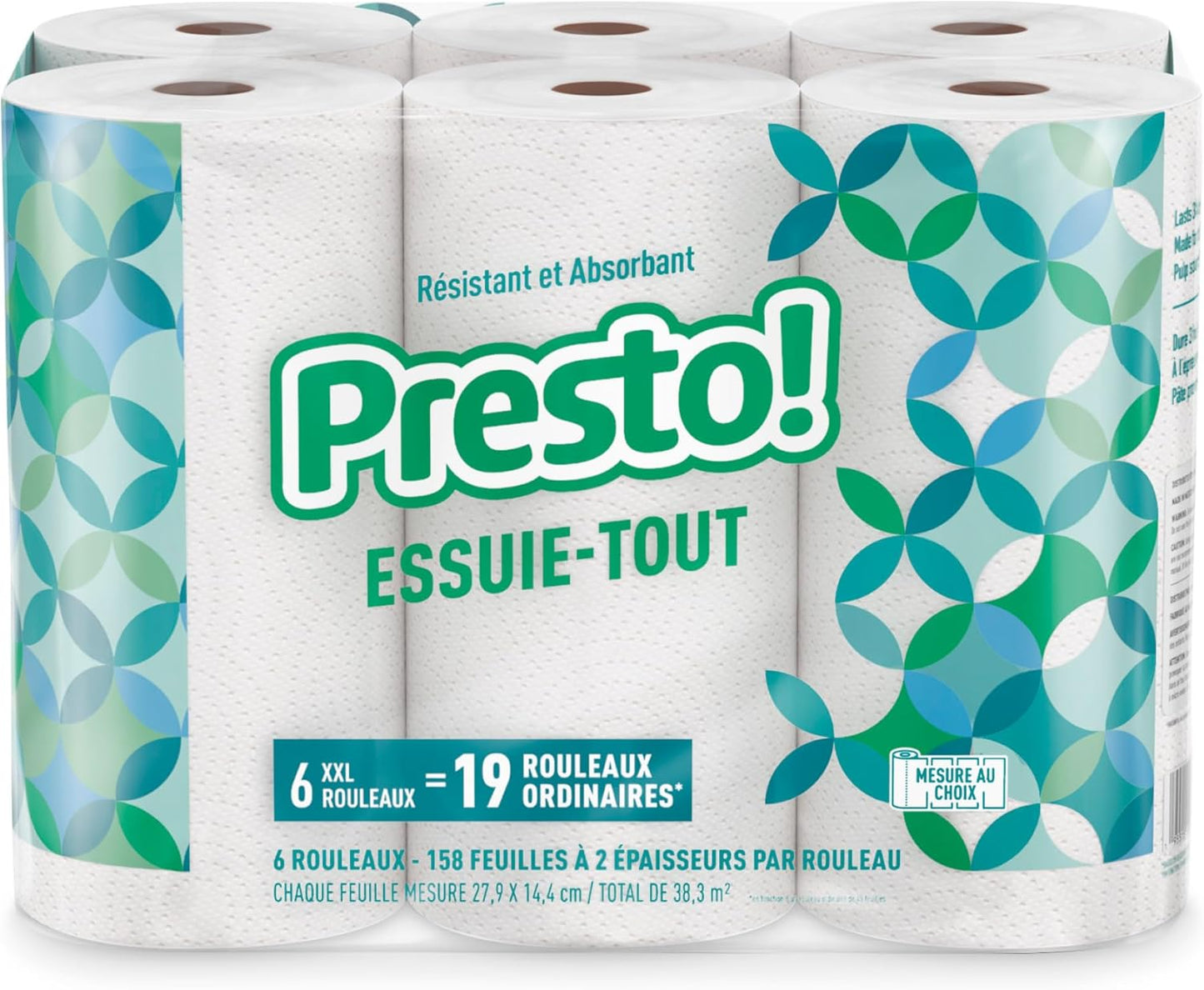 Amazon Brand - Presto! Ultra-Strong Premium Paper Towels, 158 Sheet Huge Roll - Flex-a-Size, 12 Rolls (2 Packs of 6), Equivalent to 38 Regular Rolls, White