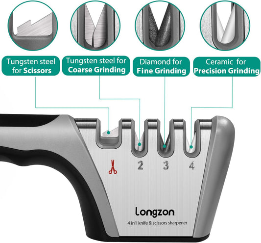 Longzon 5-in-1 Knife Sharpener [4 Stage] with a Pair of Cut-Resistant 