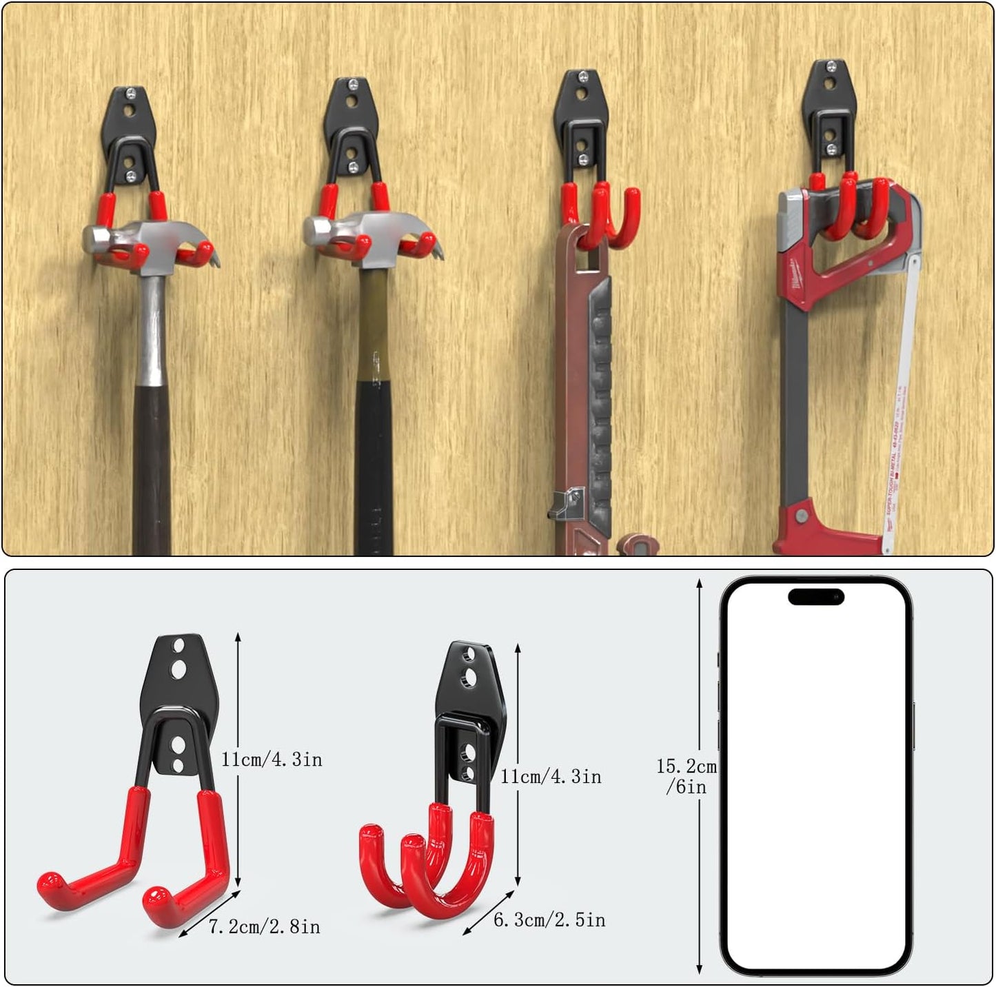 3-H Garage Wall Hooks 10 Pack, Garage Hooks Heavy Duty with Extra Welding Spots, Wall Storage Organizer for Hanging for Garden, Lawn, Yard (Red)