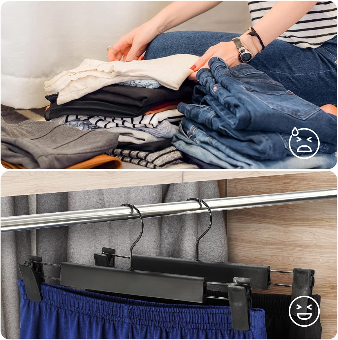 10 Pack Clothes Pants Hangers, Space-Saving Skirt Holders with 360 ° Swivel Hooks, Adjustable Clips, Trouser Coat Garment Jeans Black
