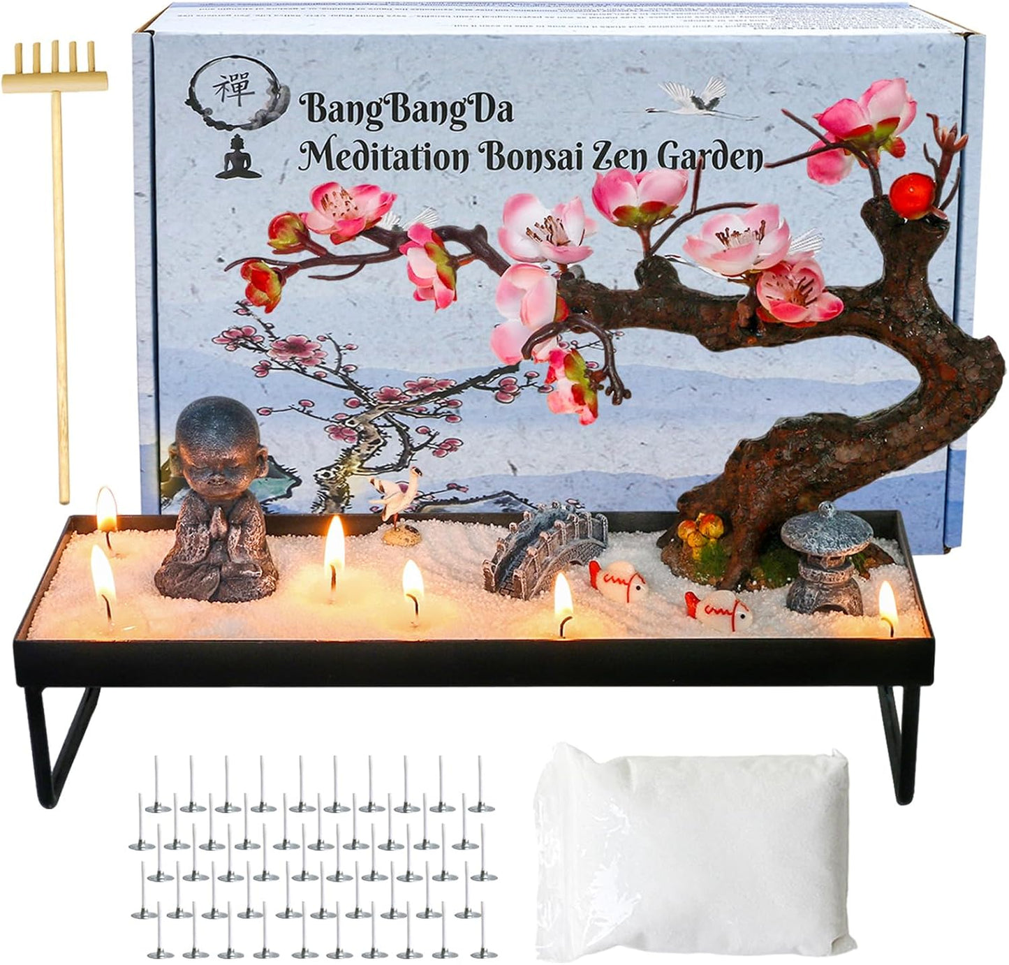 Mini Zen Garden for Desk - Buddha Bonsai Wax Sand Garden Kit Beautiful Japanese Decor Gift Set for Home, Office Desk Zen Sand Tray Therapy Desktop Meditation Room Accessories