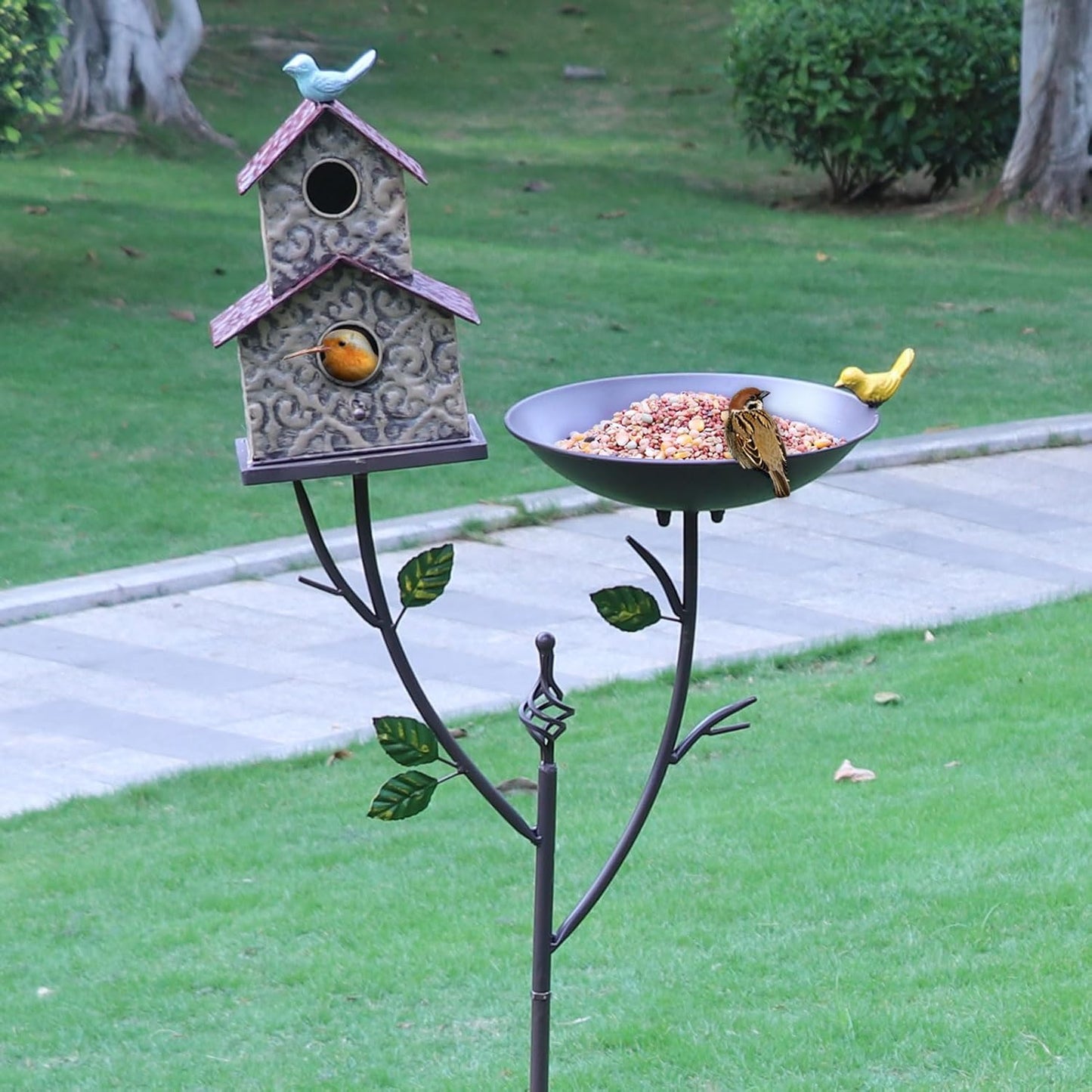 56.3 Inch Outdoor Bird Bath and Bird House Combo with Planting Pot, Metal Bird Bath with Bird House and Planting Pot 3 in 1, Suitable for Garden Yard Terrace Decoration.