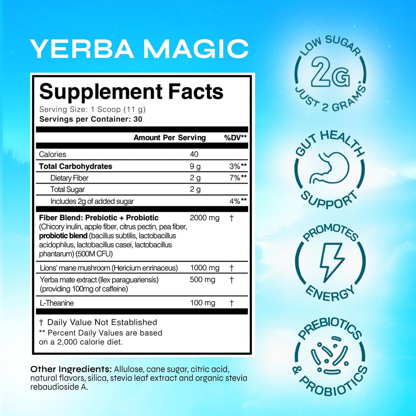 Yerba Magic – Yerba Mate Tea Instant Powder Super Drink with Nootropics, Prebiotics & Probiotics – Clean Energy, Mental Clarity & Gut Wellness | Low Sugar, Natural Caffeine – Peach Mango, 30 Servings
