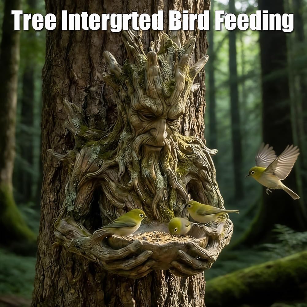Tree Intergrted Bird Feeding, Outdoor Millennial Ancient Tree Bird Feeder, Tree-face Shaped Outdoor Bird Feeder with a Hidden Keyhole Hook, a Unique Garden and Patio Decoration, Ideal for Bird Lovers