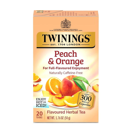 Twinings Peach & Orange Herbal Tea Individually Wrapped Bags, 20 Count (Pack of 1), Juicy & Fruity, Naturally Caffeine-Free, Enjoy Hot or Iced