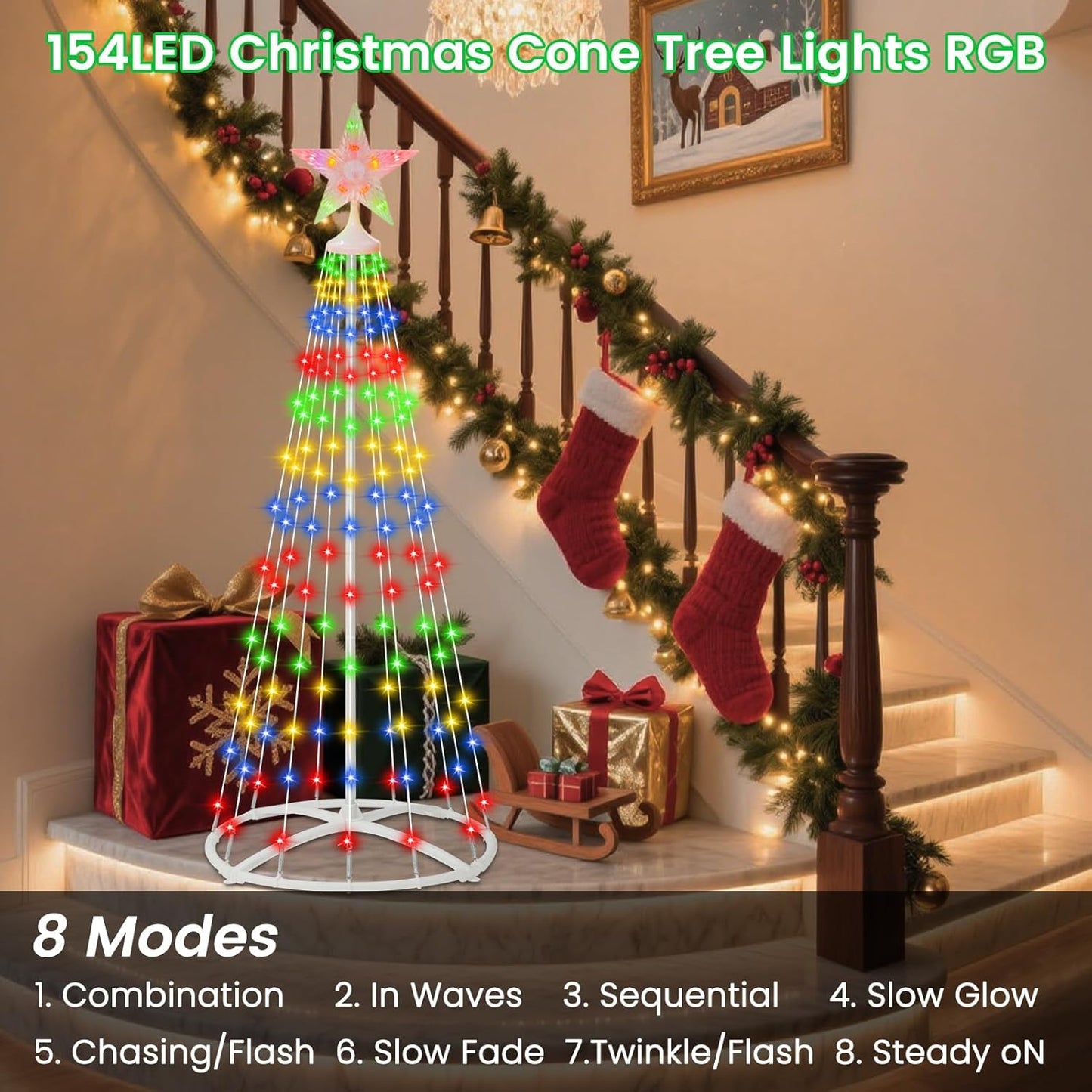 IDEAALS 5FT 154LED Outdoor Solar Christmas Cone Tree Lights, 8 Modes Timer Remote RGB Christmas Tree Lights with Star Topper for Xmas Yard Porch Patio Holiday Decor