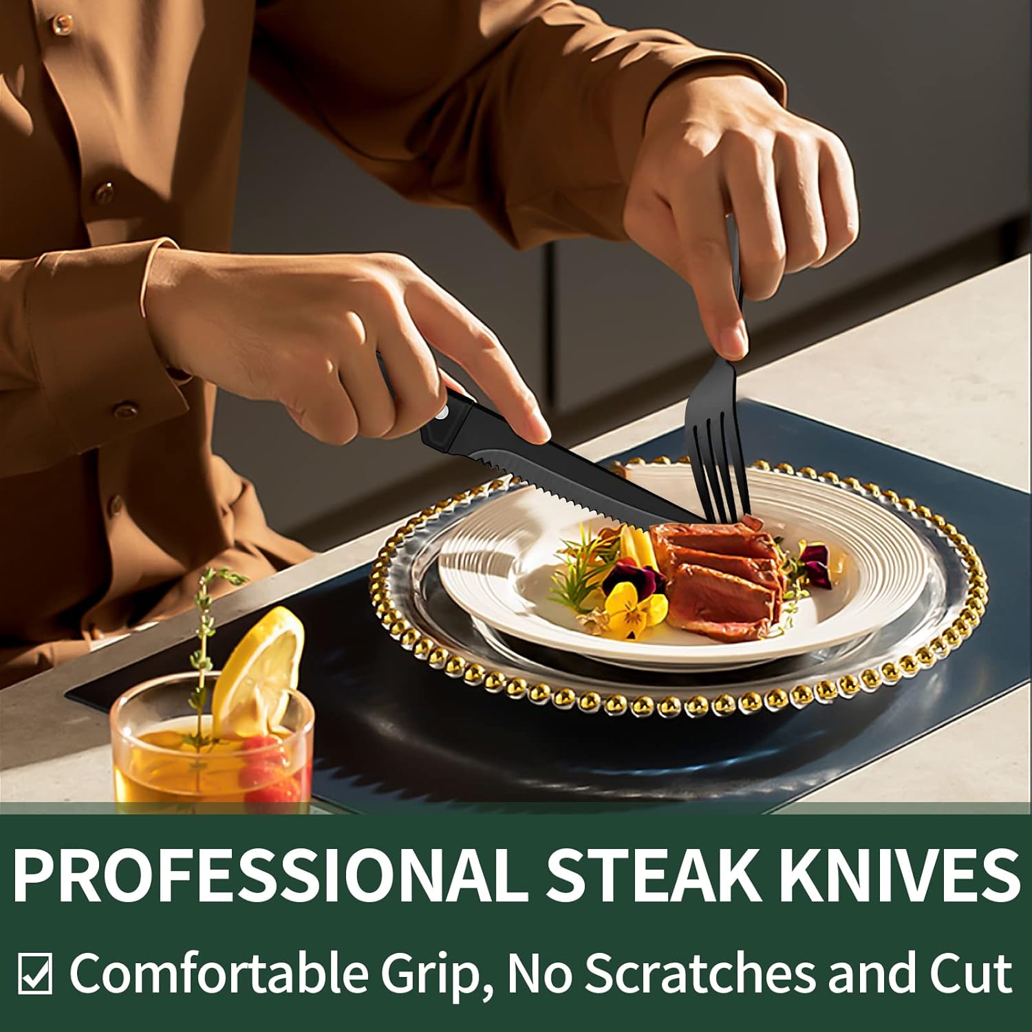 EWFEN 24-Piece Black Silverware Set with Steak Knives, Black Flatware 