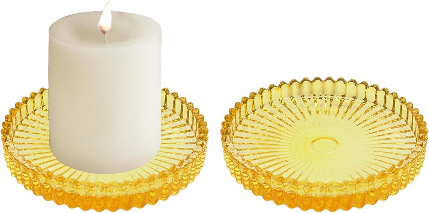 3.8 Inch Yellow Glass Pillar Candle Holder Plates Set of 2 Coaster Holder Round Candle Stand for Table Centerpieces, Wedding,Party,and Home Decor