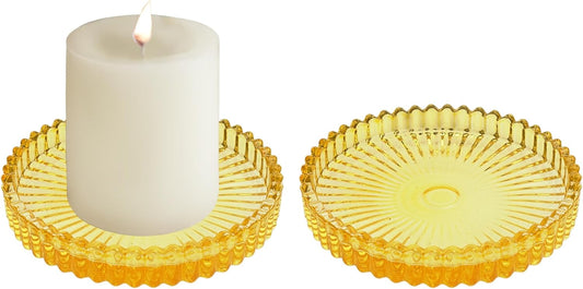 3.8 Inch Yellow Glass Pillar Candle Holder Plates Set of 2 Coaster Holder Round Candle Stand for Table Centerpieces, Wedding,Party,and Home Decor
