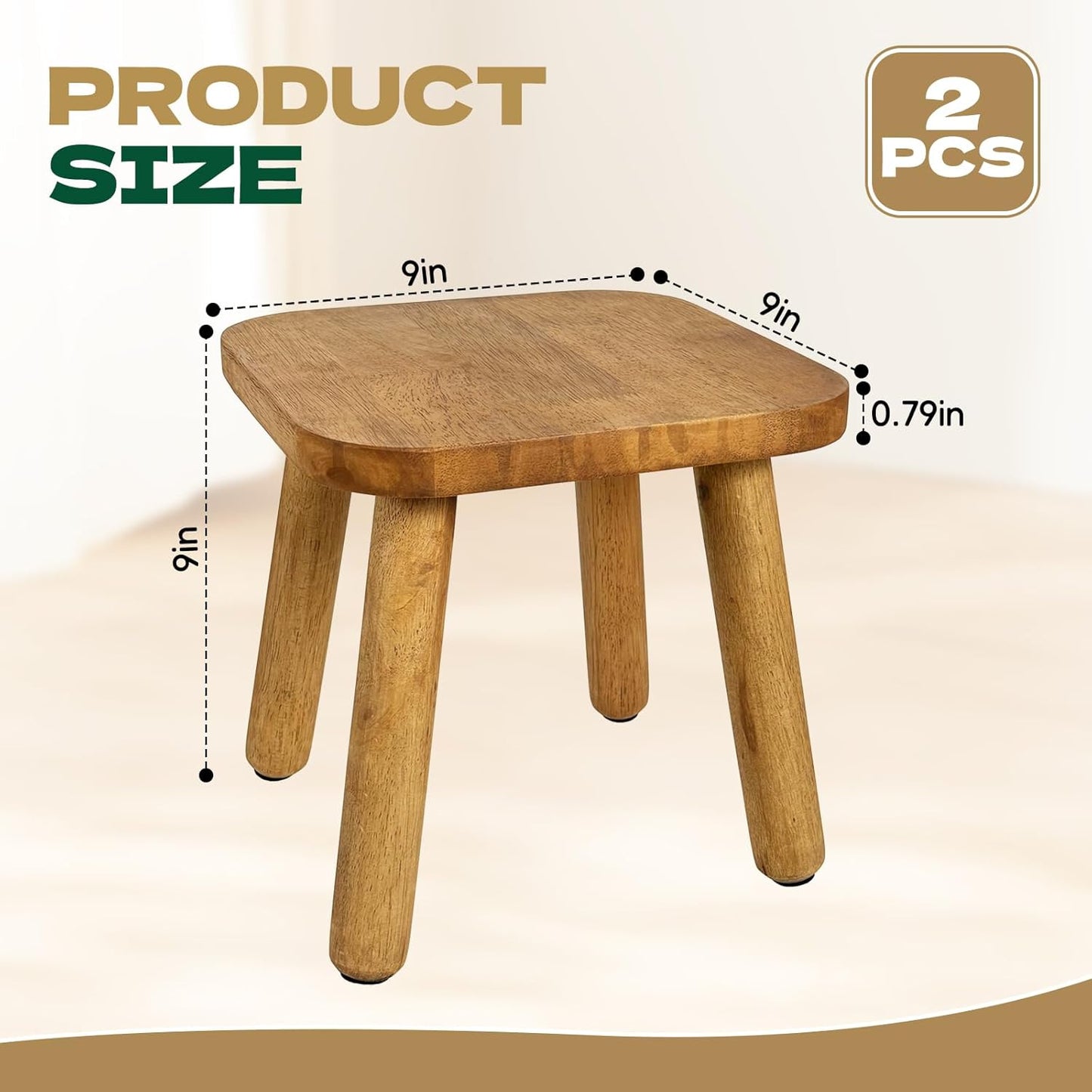 2 Pack Small Wooden Step Stools 9 Inch, Non-Slip One Step Stool Holds 300 lbs, Sturdy Bathroom Stool Plant Stand Square Footstool for Bedroom, Bathroom, Nursery, Easy Assembly