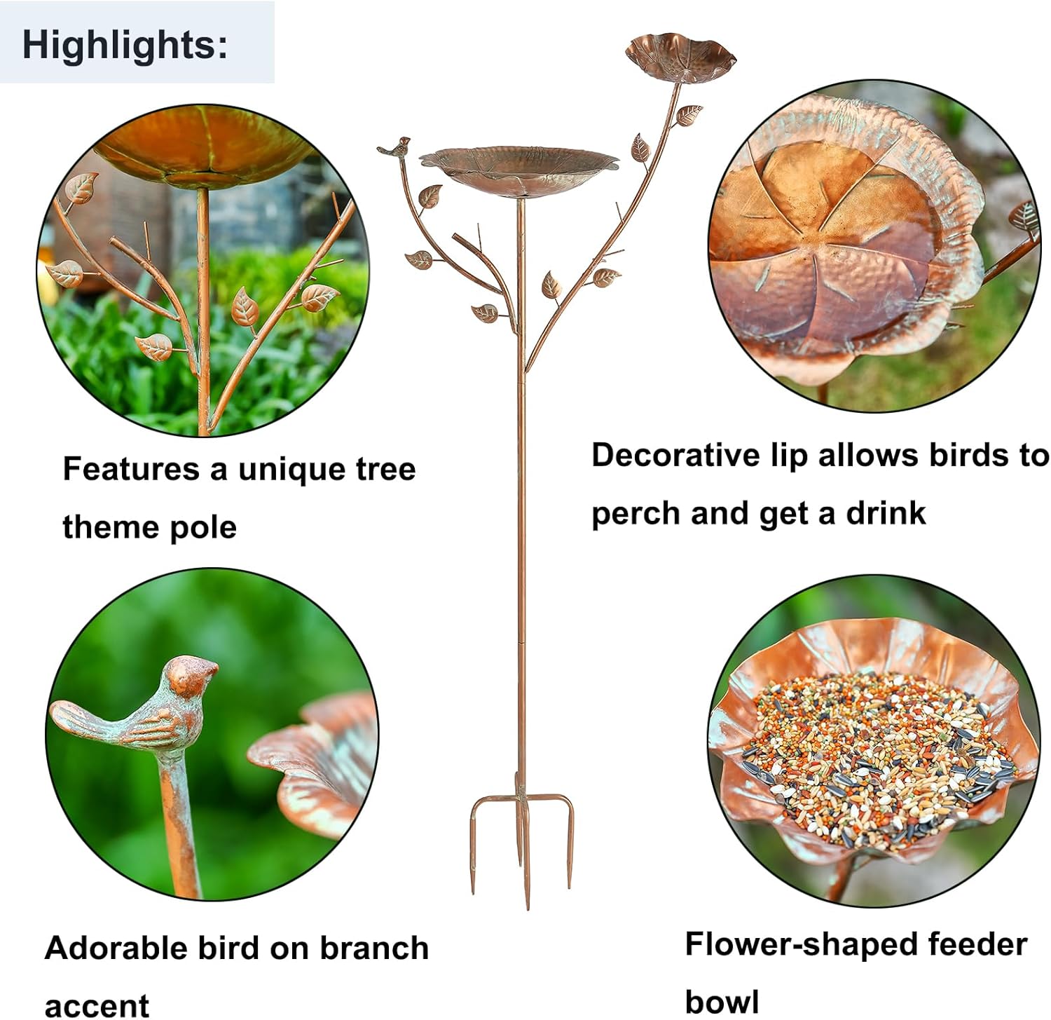 54" H Free Standing Bird Bath with Stake ， Iron Birdbath Bowl & Feeder