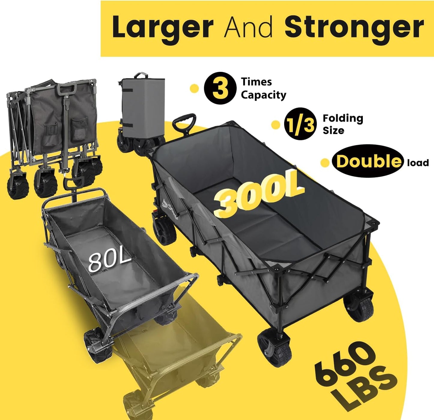 Sekey 48''L Collapsible Foldable Extended Wagon with 660lbs Weight Capacity, Heavy Duty 300L Folding Utility Garden Cart with Big All-Terrain Beach Wheels & Drink Holders. Grey