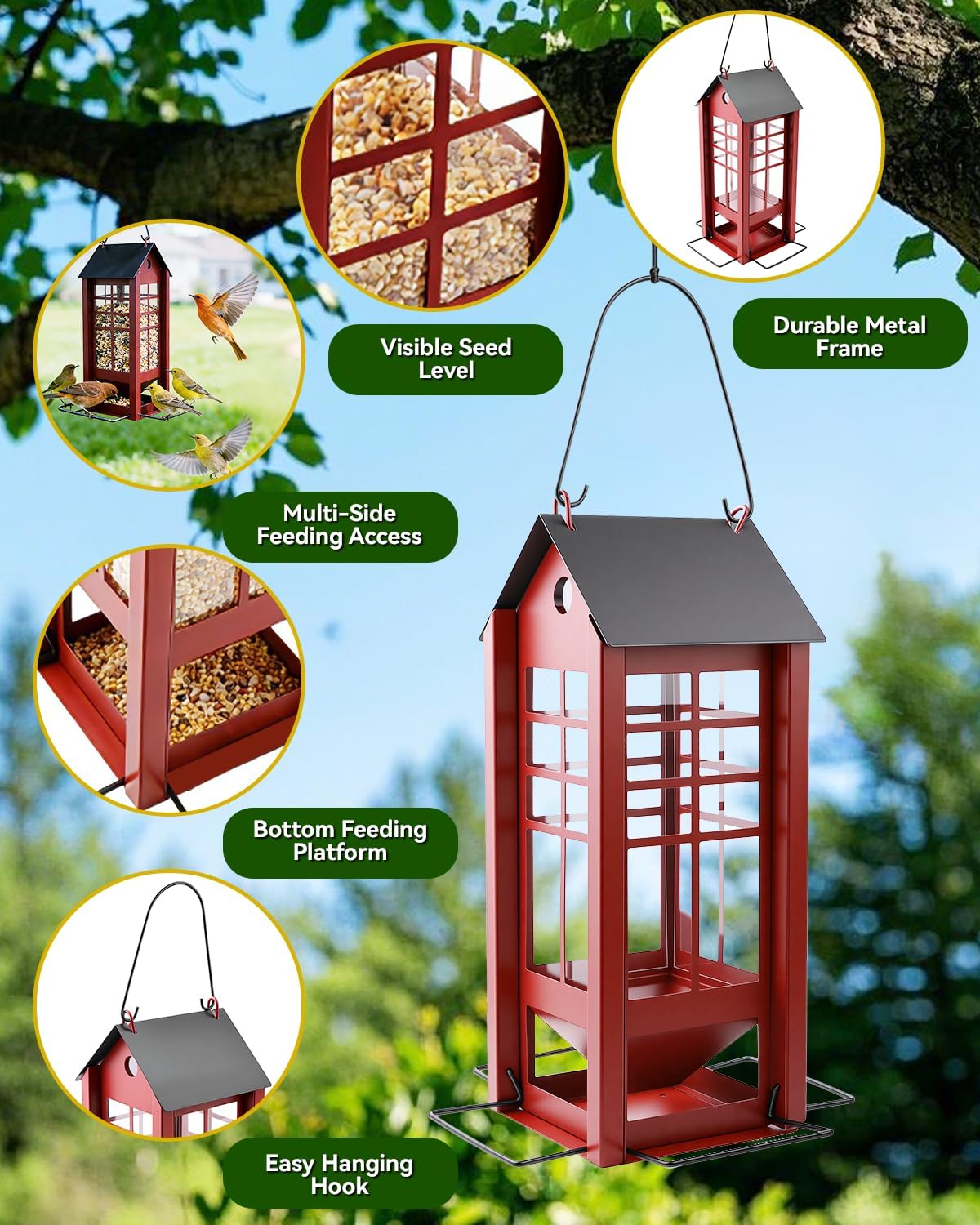 Hanging Bird Feeder for Outdoors, Metal Bird Seed Feeder with Roof, Large Capacity Wild Bird Feeder for Garden Yard Patio, Squirrel Resistant Easy Refill Bird Feeder