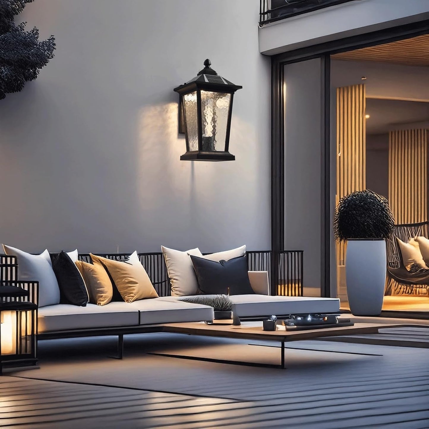 Solar Wall Sconce, Exterior Wall Lantern, Wall Light, Dusk to Dawn with Remote, Black Aluminum and Ripple Glass for Porch Patio Garden Garage Yard Fence Villa Entryway Gate Cottage