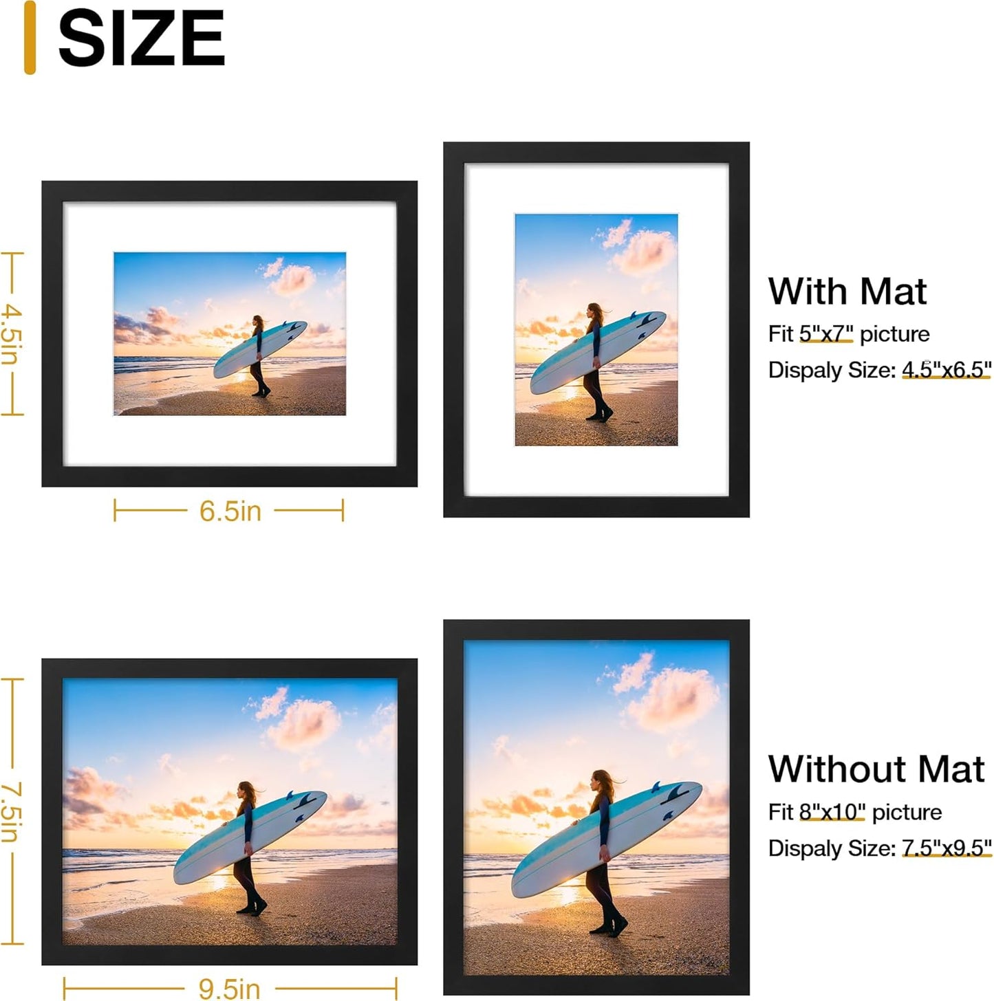 decorUhome 8x10 Picture Frame, Display Pictures 5x7 with Mat or 8x10 without Mat, Wall & Tabletop Display Photo Frame, Black, 1 Pack