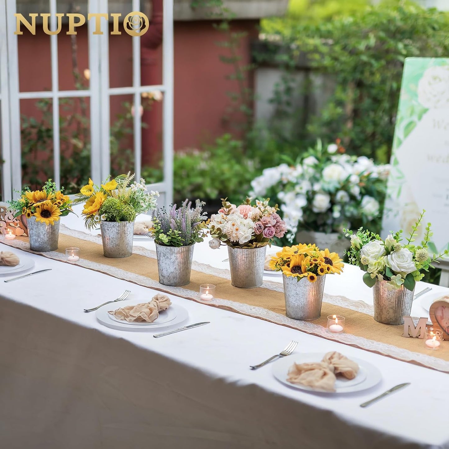 NUPTIO Rustic Galvanized Vases for Centerpiece: 12 Pcs 5" Small Ribbed Vases for Flowers Bulk Metal Bucket Planter Pots for Wedding Table Home Decor