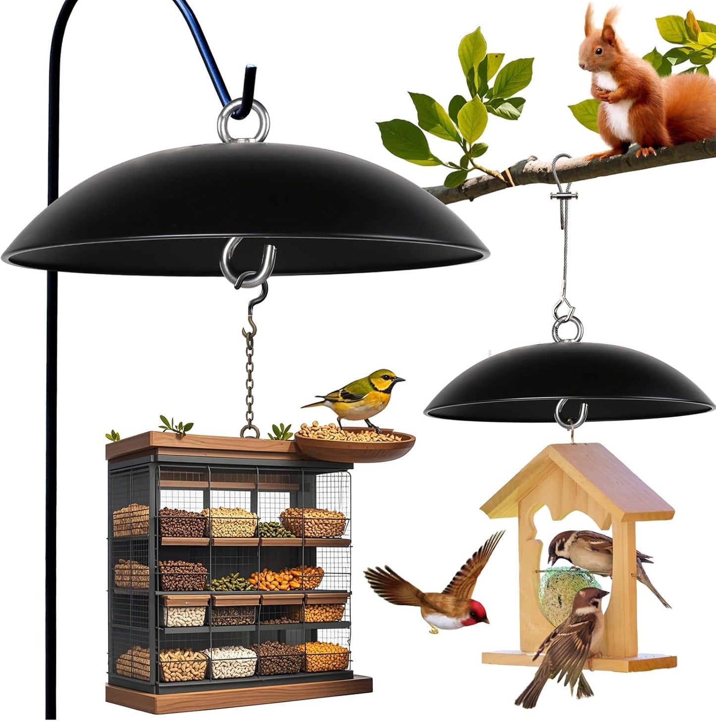 Squirrel Baffle for Bird Feeders,15.7-inch Metal Dome,Squirrel Proof, Weather Shield, with Suspension Wire Rope and Snap Hook for Bird Feeder Pole, Shepherd's Hook,Trees,1 Pack(Black)