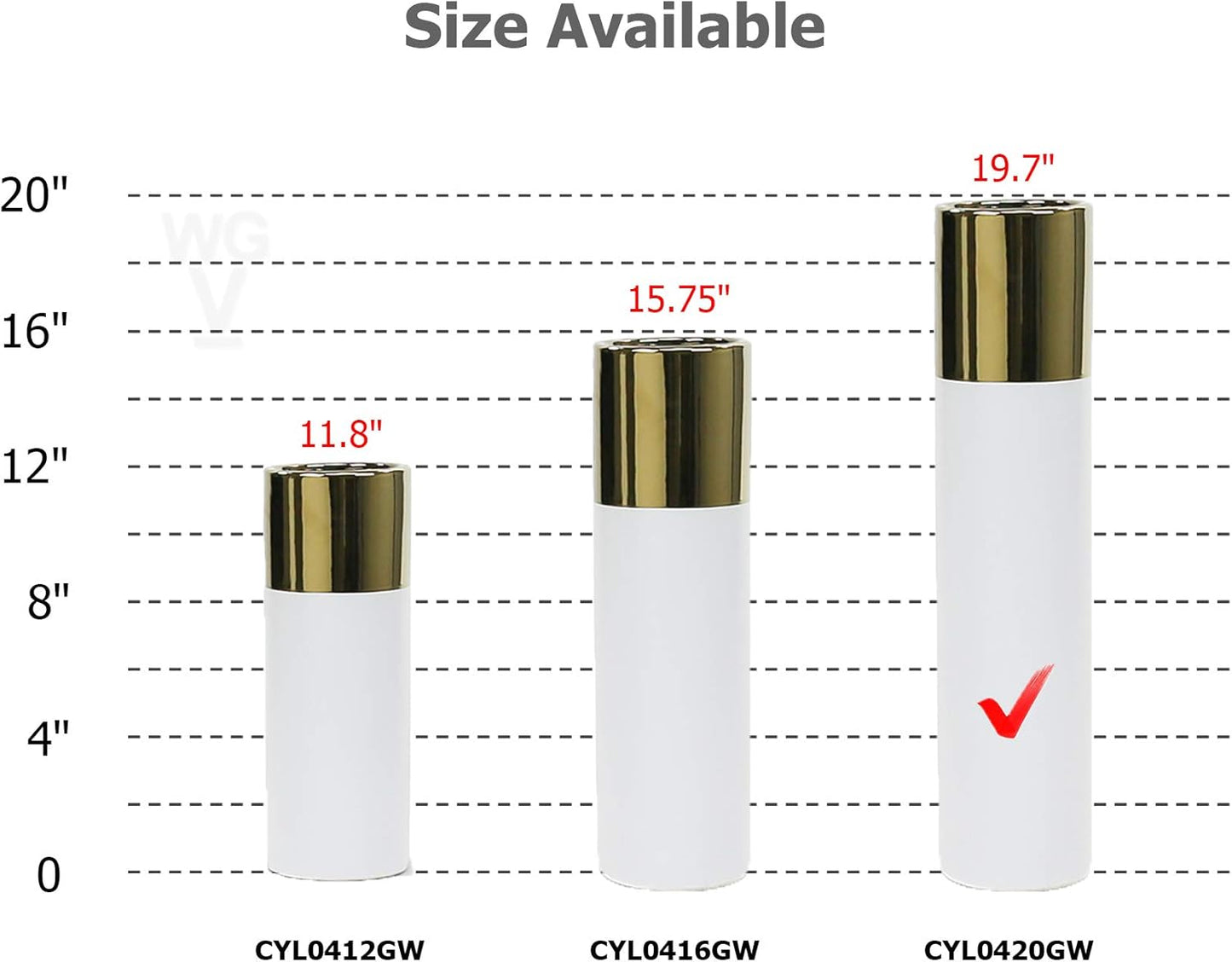 WGV Ceramic Cylinder Vase Width 4" Height 20" Elegant Unique Modern Matte Floral Container Planter Pot Centerpiece for Event Party Wedding Office Home Decor Gold White 1 Piece