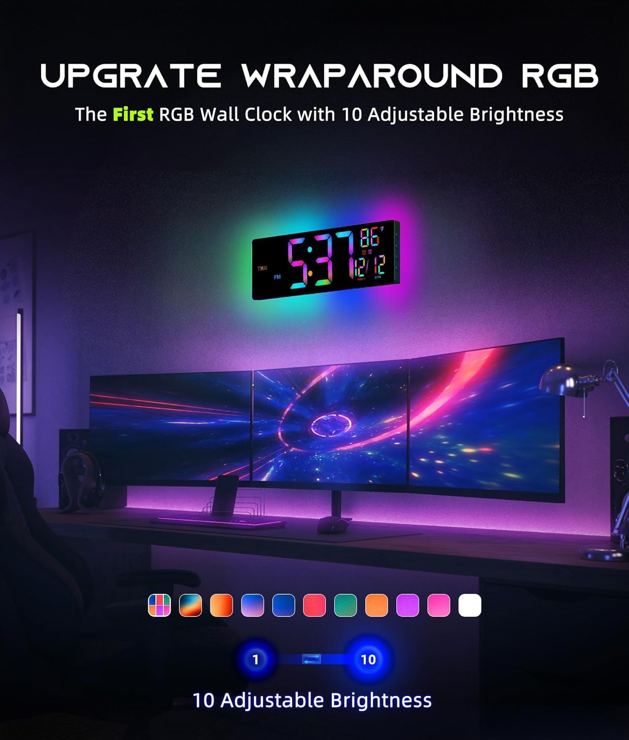 16.5" Large Digital Wall Clock with BT Sync, RGB Lights with 11 Scenes