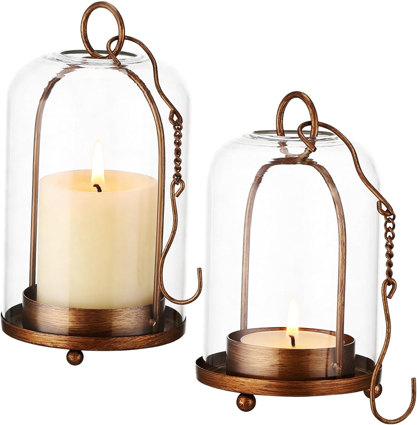 2 Pcs Glass Dome Candle Holders with Cloche Cover, Hanging Candle Lanterns with Hooks, Vintage Glass Cloches with Metal Base, Decorative Plant Display Stands for Tabletop, Mantel, Shelf