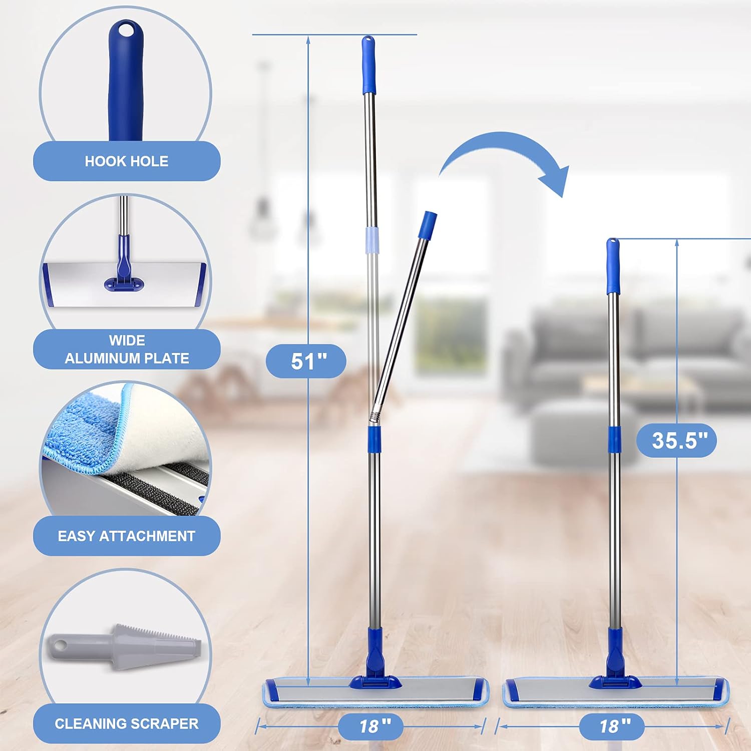 18" Professional Microfiber Mop Floor Cleaning System, Flat Mop with S