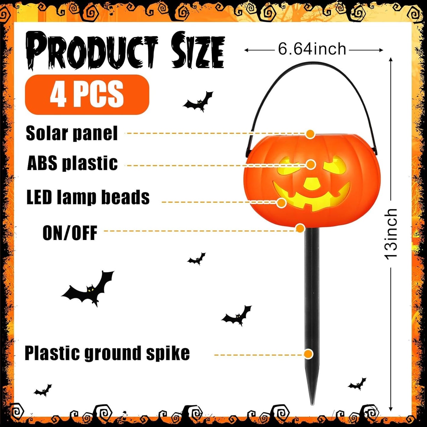4 Pcs Halloween Pumpkin Pathway Markers Solar Light up Orange Jack O Lantern Stake LED Waterproof Plastic Pumpkin Light for Garden, Balcony, Yard, Lawn, Pathway, Walkway Halloween Decor