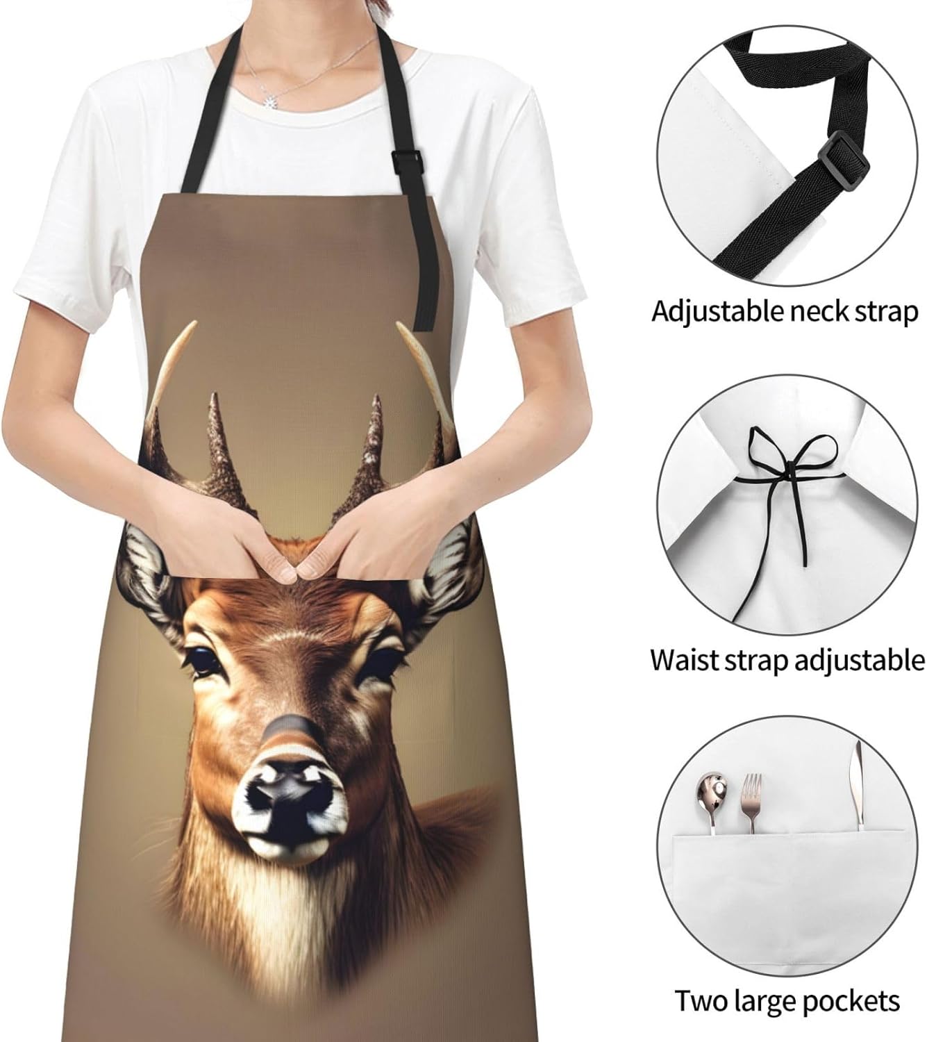 Deer head printing Print Laundry apron 28x33 In Waterproof Kitchen Apron with Pockets for Cooking Baking