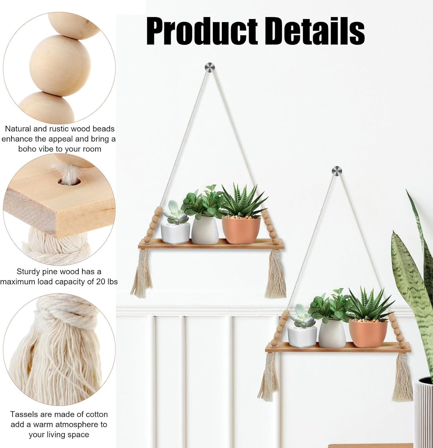 2 Pcs Wooden Wall Hanging Shelves, Macrame Hanging Plant Shelf with Tassel,Boho Storage Floating Shelves Handmade Rustic Hanger Planter Rack Pot Stand Holder for Bedroom Dorm Nursery Living Room