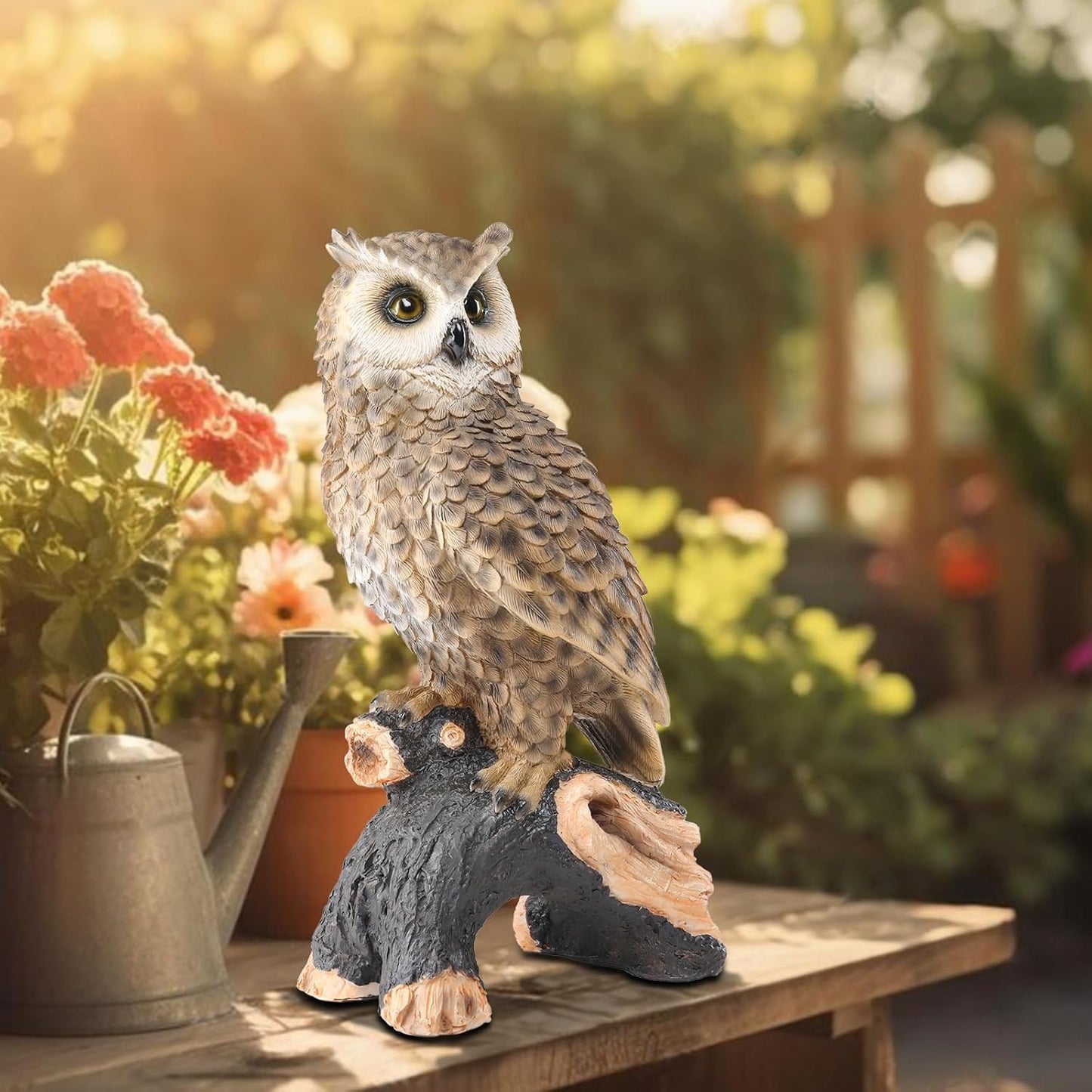 Owl Garden Statue - Perching Forest Owl on Stump Resin Figurine for Home Indoor Outdoor Garden Patio Yard Decor