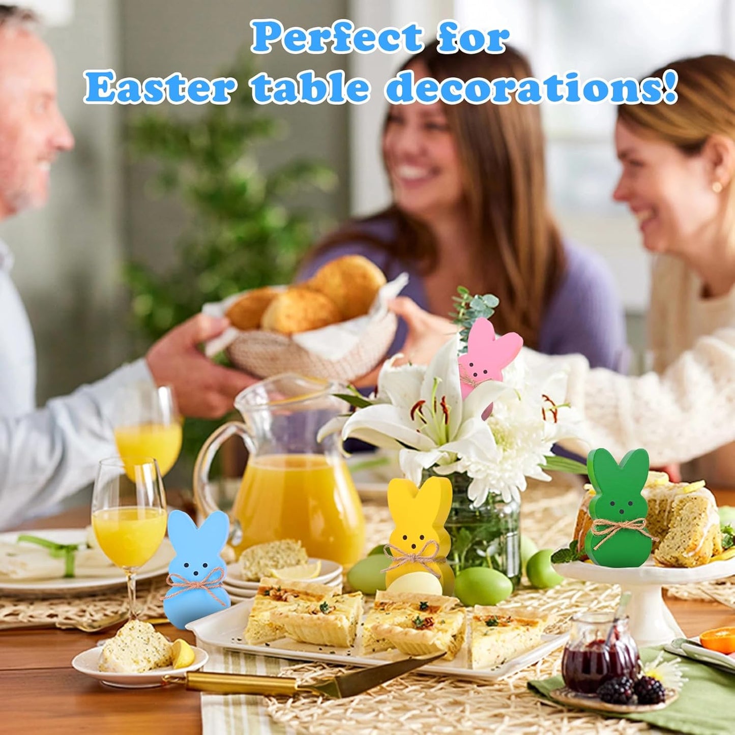 Easter Décor, 4 Pcs Wooden Peep Bunny Decorations for Tiered Tray, Mantel, Farmhouse, Cute Spring Signs for Home, Office, Party Supplies