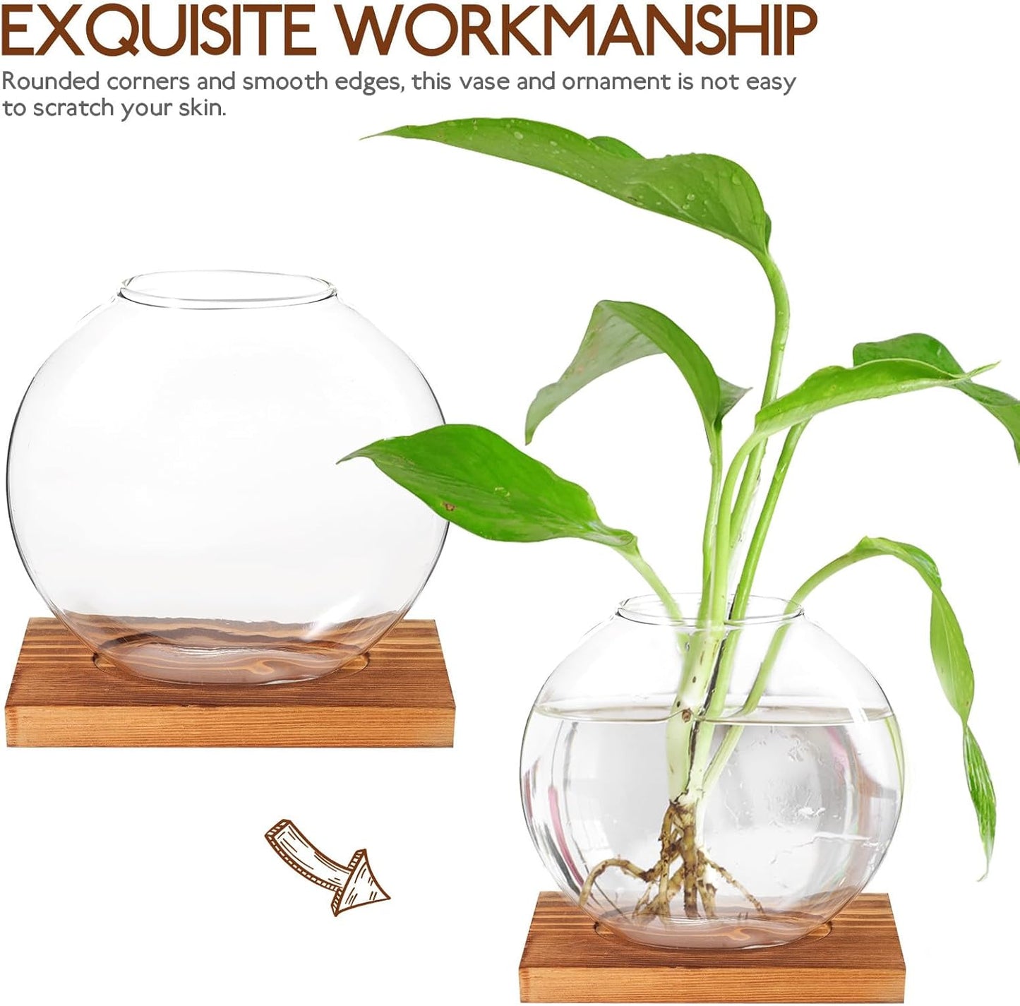 Milisten Wood Base Glass Hydroponic Green Pothos Planter Vase Desktop 