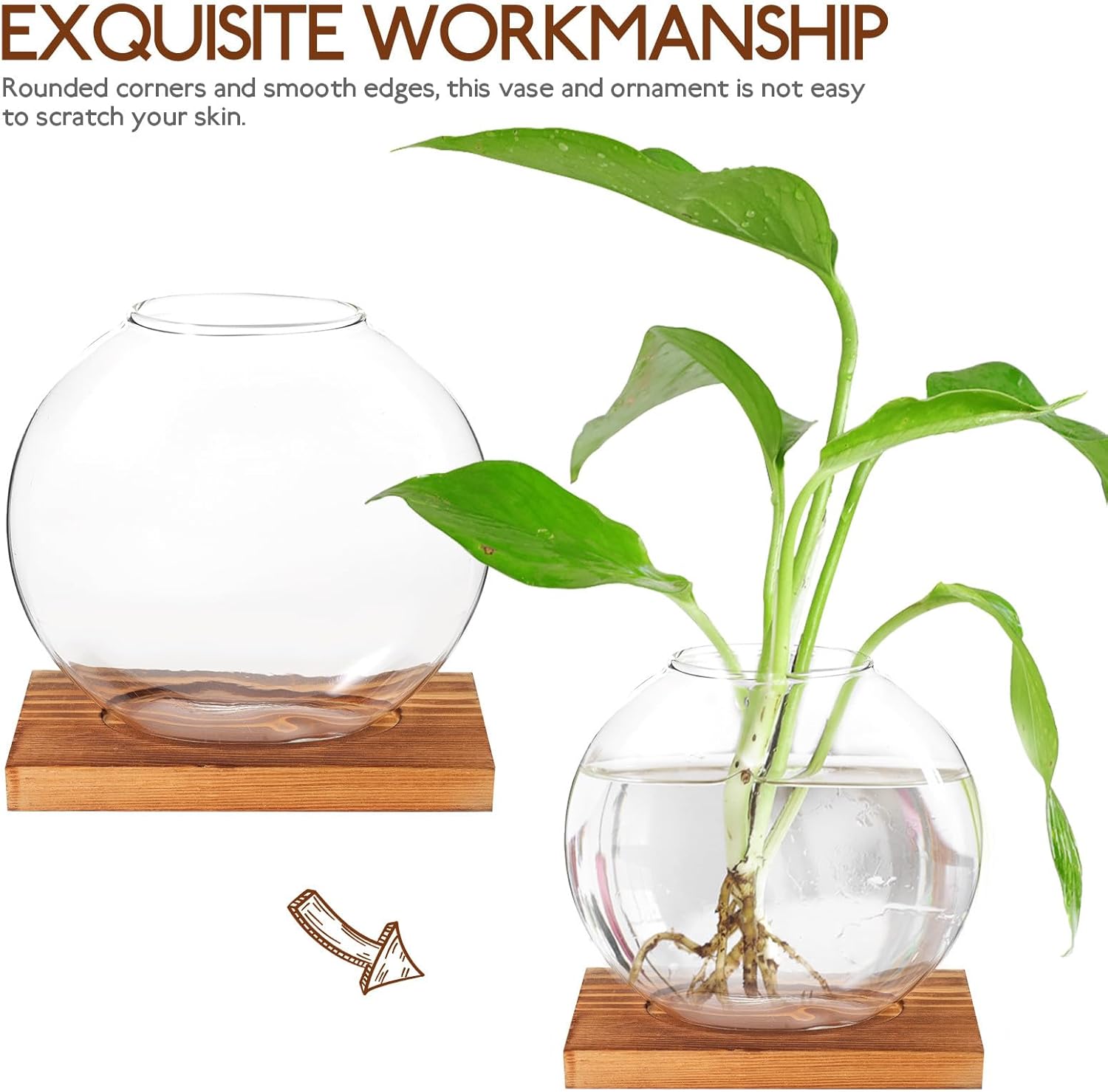 Milisten Wood Base Glass Hydroponic Green Pothos Planter Vase Desktop 