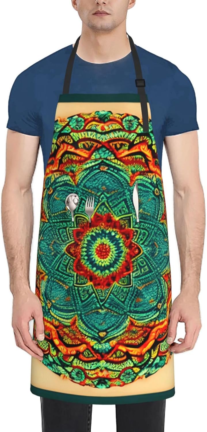 YANYU Mandala Print 28x33 In Kitchen Apron Stylish Chef Apron with Pockets for Cooking Baking Painting