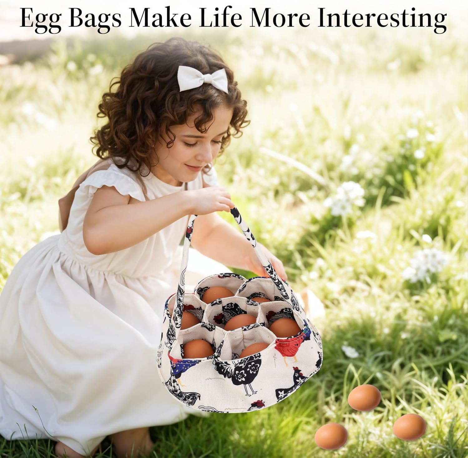 1 Pc Egg Collection Basket, Farmhouse Chicken Egg Holder with 7 Bags, 