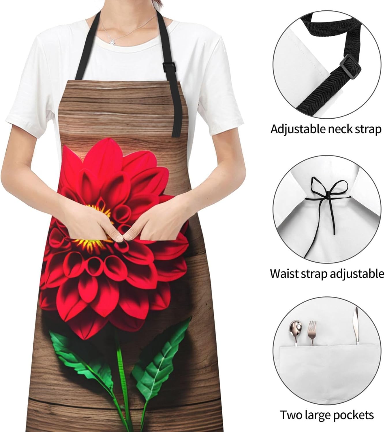 Wooden Board Retro Flower Red Dahlia print Waterproof chef's apron with pocket apron for kitchen cooking baking barbecue and gardening